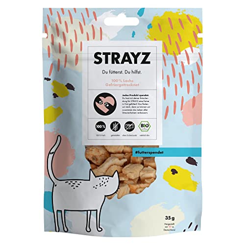 STRAYZ - Bio Katzensnack gefriergetrocknet - 100% Lachs: Leckerlies Katze ohne Zucker und Getreide - Spendet für Straßenkatzen - 35g von STRAYZ