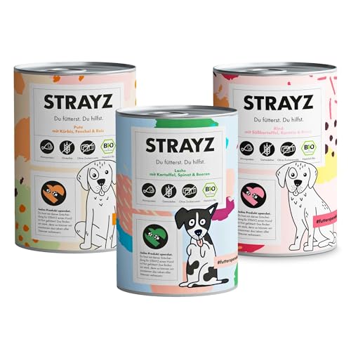 STRAYZ - Bio Nassfutter für Hunde - Probierpaket | Rind, Pute & Lachs | Getreidefreies Hundefutter - 100% Bio, ohne Zucker & ohne Bindemittel - 3x400g von STRAYZ