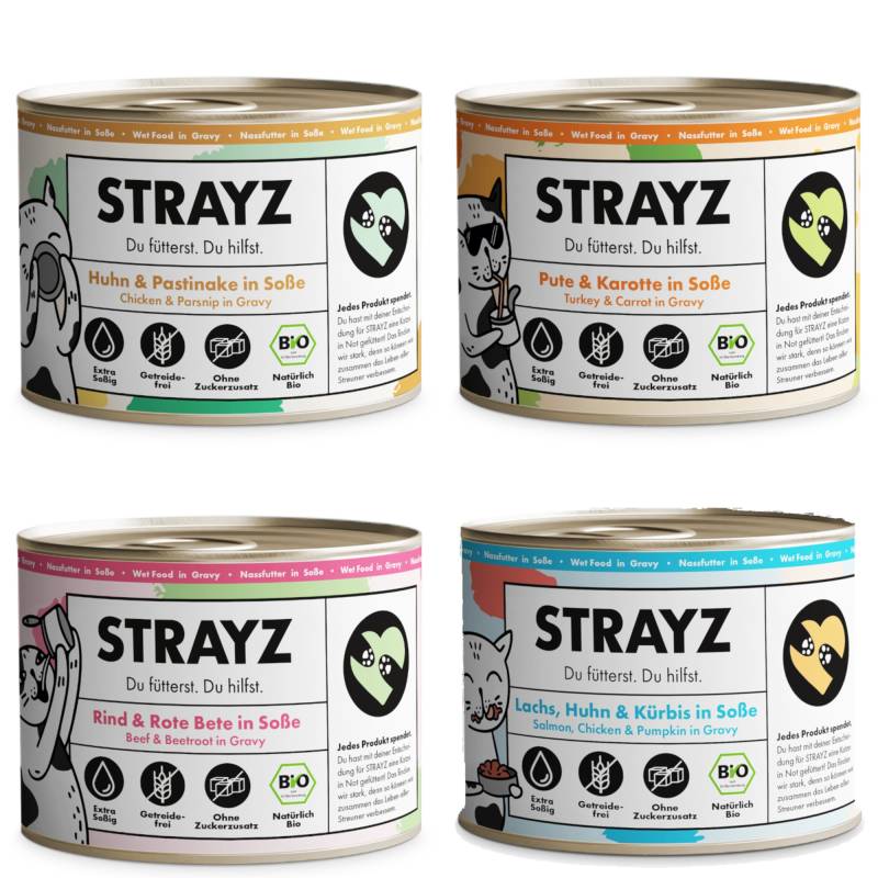 STRAYZ Nassfutter für Katzen BIO 8 x 200 g - BIO Probierpaket (4 Sorten) von STRAYZ
