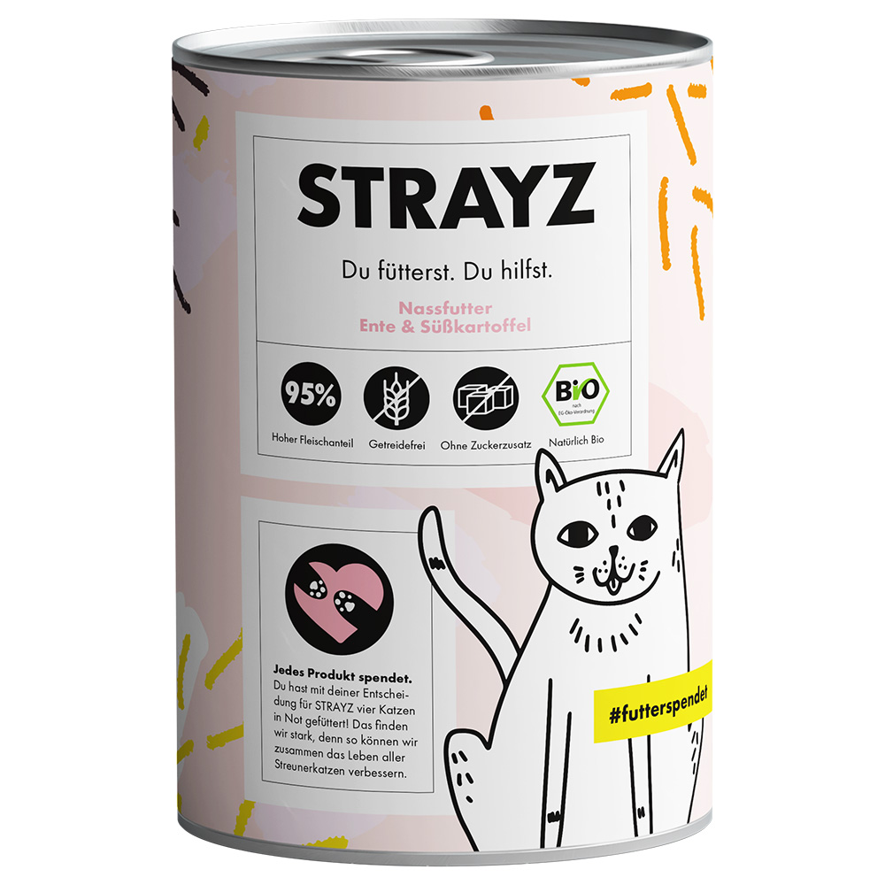 Sparpaket STRAYZ BIO Katze 24 x 400 g - Bio-Ente & Bio-Süßkartoffel von STRAYZ