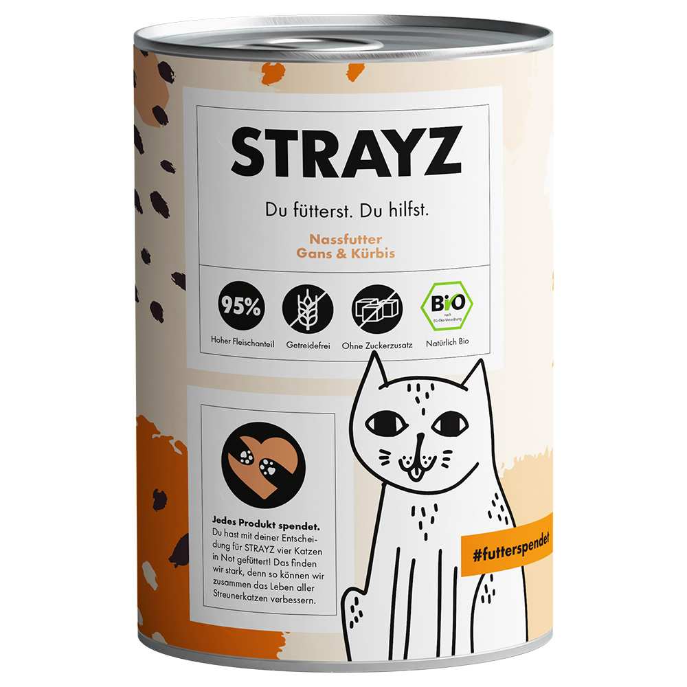 Sparpaket STRAYZ BIO Katze 24 x 400 g - Bio-Gans & Bio-Kürbis von STRAYZ