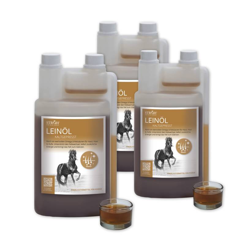 STRÖH Leinöl kaltgepresst 1L (3 er Pack) Für die Verdauung und ein schönes Fell von STRÖH