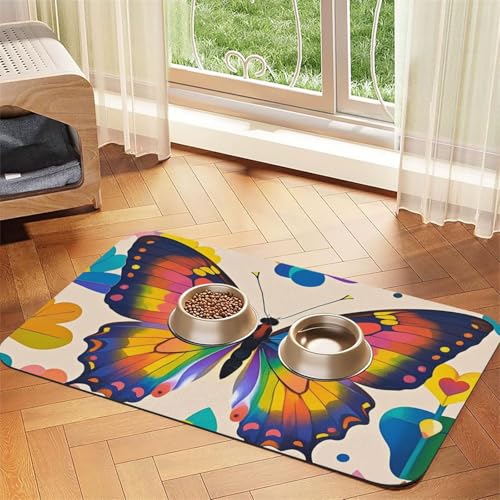 Bunte Schmetterlings-Hundefuttermatten für Böden, 30,5 x 45,7 cm, rutschfeste, super saugfähige Haustierfuttermatte, Geschirrspüler-Hundematte für Futter und Wasser, niedliche, schnell trocknende von STVYUKL