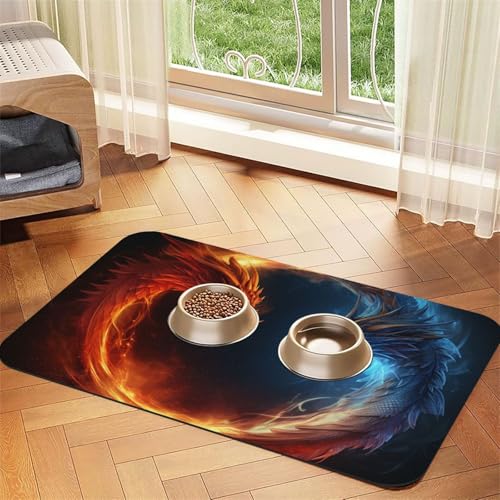 Fire and Ice Dragons Hundefuttermatten für Böden, rutschfeste, super saugfähige Haustierfuttermatte, Geschirrspüler-Hundematte für Futter und Wasser, niedlich, Gummi, schnell trocknend von STVYUKL