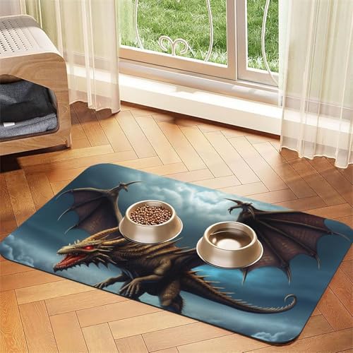 Flying Dragon Hundefuttermatten für Böden, 30,5 x 45,7 cm, rutschfeste, super saugfähige Haustierfuttermatte, Geschirrspüler-Hundematte für Futter und Wasser, niedlich, Gummi, schnell trocknend von STVYUKL