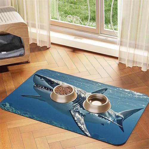 Great White Shark Hundefuttermatten für Böden, 30,5 x 45,7 cm, rutschfeste, super saugfähige Haustierfuttermatte, Geschirrspüler-Hundematte für Futter und Wasser, niedlich, Gummi, schnell trocknend von STVYUKL