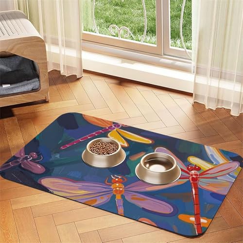 Handbemalte Libellen-Hundefuttermatten für Böden, 40,6 x 61 cm, rutschfeste, super saugfähige Haustierfuttermatte, Geschirrspüler-Hundematte für Futter und Wasser, niedlich, Gummi, schnell trocknend Handbemalte Libellen-Hundefuttermatten für Böden, 40,6 x 61 cm, rutschfeste, super saugfähige Haustierfuttermatte, Geschirrspüler-Hundematte für Futter und Wasser, niedlich, Gummi, schnell trocknend von STVYUKL