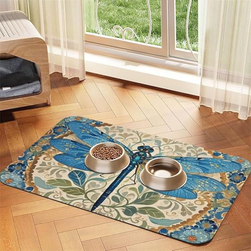 Handbemalte blaue Libellen-Hundefuttermatten für Böden, 40,6 x 61 cm, rutschfeste, super saugfähige Haustierfuttermatte, Geschirrspüler-Hundematte für Futter und Wasser, niedlich, Gummi, schnell von STVYUKL