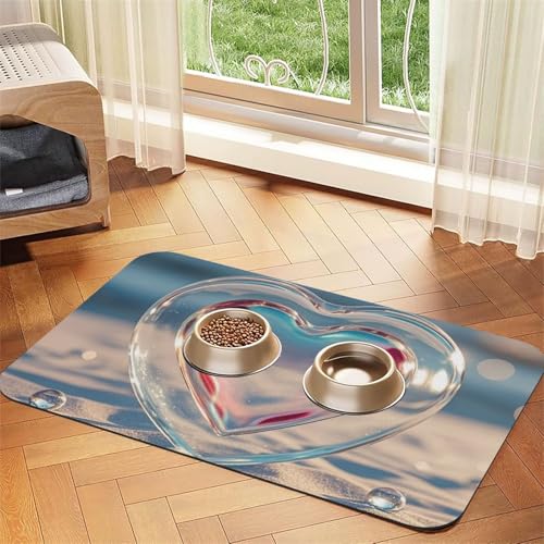 Hundefuttermatten aus Glas in Herzform für Böden, 40,6 x 61 cm, rutschfeste, super saugfähige Haustierfuttermatte, Geschirrspüler-Hundematte für Futter und Wasser, niedlich, Gummi, schnell trocknend von STVYUKL