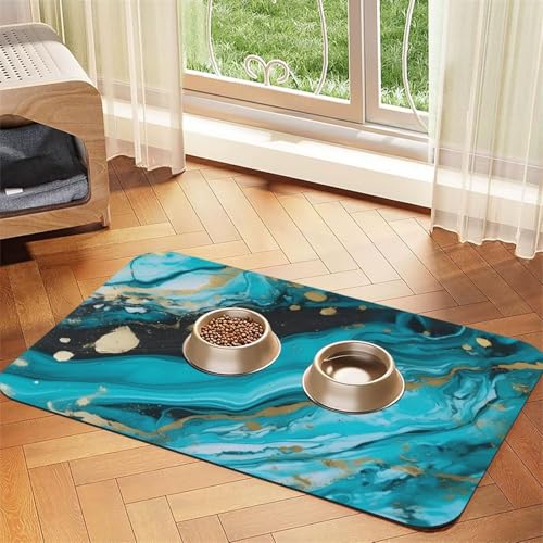 Hundefuttermatten für Böden, rutschfest, super saugfähig, spülmaschinenfest, Hundematte für Futter und Wasser, niedlich, Gummi, schnell trocknend, 40,6 x 61 cm, Türkis, Blau / Gold von STVYUKL