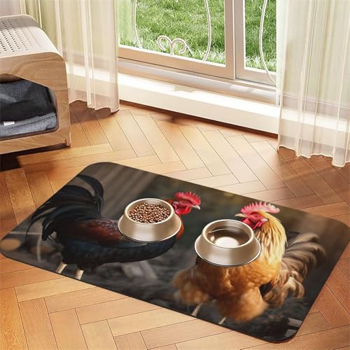 Hundefuttermatten mit Hahn und Huhn für Böden, 40,6 x 61 cm, rutschfeste, super saugfähige Haustierfuttermatte, Geschirrspüler-Hundematte für Futter und Wasser, niedlich, Gummi, schnell trocknend von STVYUKL