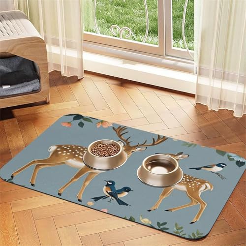 Hundefuttermatten mit Hirschvögeln mit Blumen, 30,5 x 45,7 cm, rutschfest, super saugfähig, spülmaschinenfest, Hundematte für Futter und Wasser, niedlich, schnell trocknend, Haustier-Futtermatte für von STVYUKL