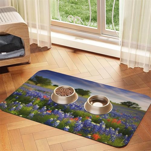 Texas Bluebonnets Scenery Hundefuttermatten für Böden, 30,5 x 45,7 cm, rutschfeste, super saugfähige Haustierfuttermatte, Geschirrspüler-Hundematte für Futter und Wasser, niedliche, schnell trocknende von STVYUKL