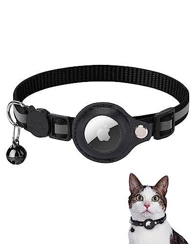 Airtag Katzenhalsband, Reflektierendes AirTag Katzenhalsband mit AirTag-Halterung und Glocke, GPS Leichte Tracker Katzenhalsbänder, Katzen-AirTag-Halsband mit Abbrechbarer Sicherheitsschnalle(Schwarz) von SUBORAWOS