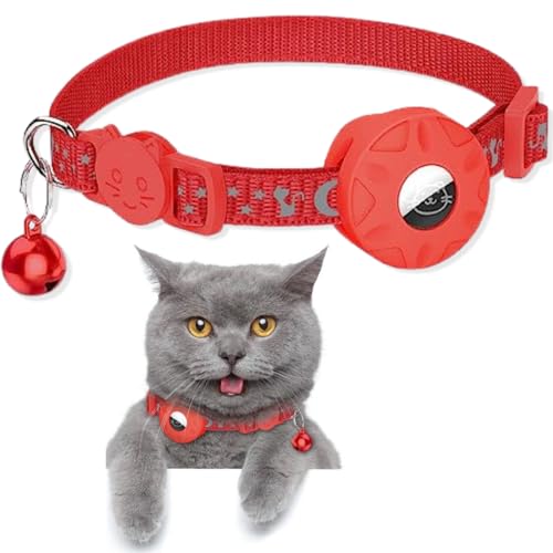 Airtag Katzenhalsband, Reflektierendes AirTag Katzenhalsband mit AirTag-Halterung und Glocke, Leichte Tracker Katzenhalsbänder, Katzen-AirTag-Halsband mit Abbrechbarer Sicherheitsschnalle (Rot) von SUBORAWOS