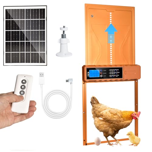 Große Solar Automatische Hühnerklappe Upgrade,Elektrische Hühnerklappe Automatisch mit Timer, 7W Solarpanel,Anti-Pinch,LCD Display, Fernbedienung, Automatische Hühnerstalltür Hühnertür,Orange von SUBOSI