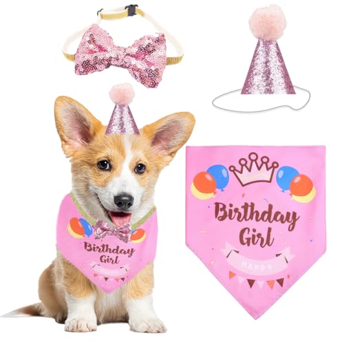 Halstuch für Hundegeburtstage, Partyzubehör für Haustiere, dreieckiges Baumwolltuch für Jungen mit süßer Geburtstagsmütze für kleine und mittelgroße Hunde, Katzen, Hunde und Welpen (Rosa) von SUBTAVIK