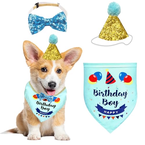 Halstuch für Hundegeburtstage Partyzubehör für Haustiere, dreieckiges Baumwolltuch für Jungen mit süßer Geburtstagsmütze für kleine und mittelgroße Hunde, Katzen, Hunde und Welpen (Blau) von SUBTAVIK