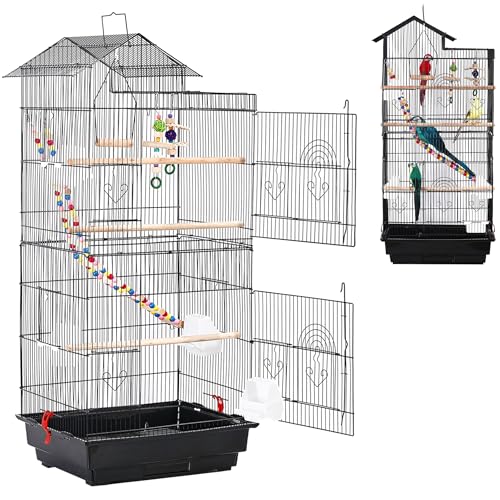 SUBTELTY Metall Vogelkäfige Wellensittich Käfig mit Spielzeuge & Ausruhen Holzstab Nymphensittiche Vogelbauer 46x35.5x99cm Tragbare Vogelvoliere mit Futtertrog & Herausnehmbares Tablett für Ziervögel von SUBTLETY