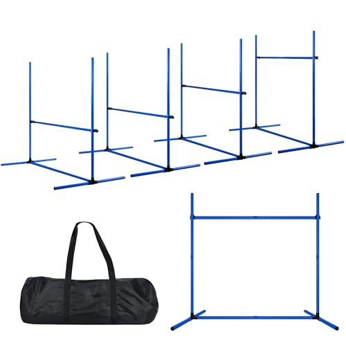 SUBTLETY 4 Stück Hürdenset Einstellbar Slalomstangen mit Tragtasche, Kunststoff Agility Ausrüstung für Hunde Hindernisse Trainingsstangen Set für Koordinations- & Geschwindigkeitstraining (Blau) von SUBTLETY
