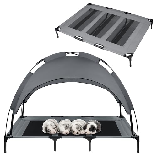 SUBTLETY Erhöhtes Hundebetten 122x92x102cm Hundeliege Hundezelt mit Sonnensegel Dach & rutschfeste Füßen & Atmungsaktivem Mesh Haustierbett Outdoor Tragfähigkeit bis 60KG für Garten Camping Reisen von SUBTLETY