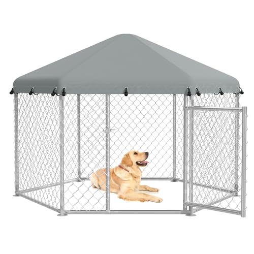 SUBTLETY 150cm Hoch Sechseck Welpenlaufstall Metall Hundelaufställe mit Tür 210x180cm Wetterfeste Hundegitter Hundezaun mit Wasserdicht & UV-Schutz Oxford-Tuch Dach Hunde Spielgehege für Haustiere von SUBTLETY