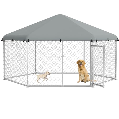 SUBTLETY 165cm Hoch Sechseck Welpenlaufstall Metall Hundelaufställe mit Tür 280x250cm Wetterfeste Hundegitter Hundezaun mit Wasserdicht & UV-Schutz Oxford-Tuch Dach Hunde Spielgehege für Haustiere von SUBTLETY