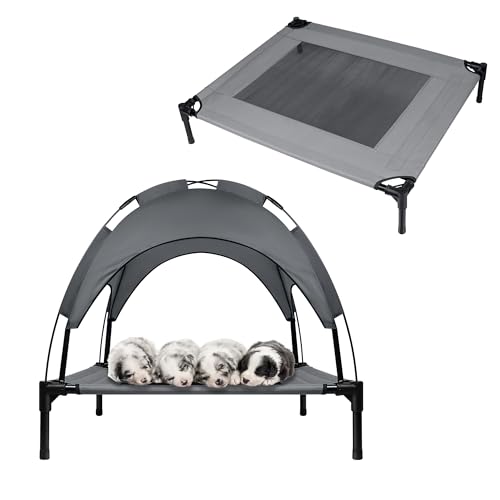 SUBTLETY Erhöhtes Hundebetten 76x61x76cm Hundeliege Hundezelt mit Sonnensegel Dach & rutschfeste Füßen & Atmungsaktivem Mesh Haustierbett Outdoor Tragfähigkeit bis 40KG für Garten Camping Reisen von SUBTLETY