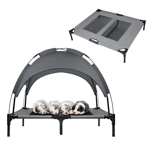 SUBTLETY Erhöhtes Hundebetten 92x76x92cm Hundeliege Hundezelt mit Sonnensegel Dach & rutschfeste Füßen & Atmungsaktivem Mesh Haustierbett Outdoor Tragfähigkeit bis 50KG für Garten Camping Reisen von SUBTLETY
