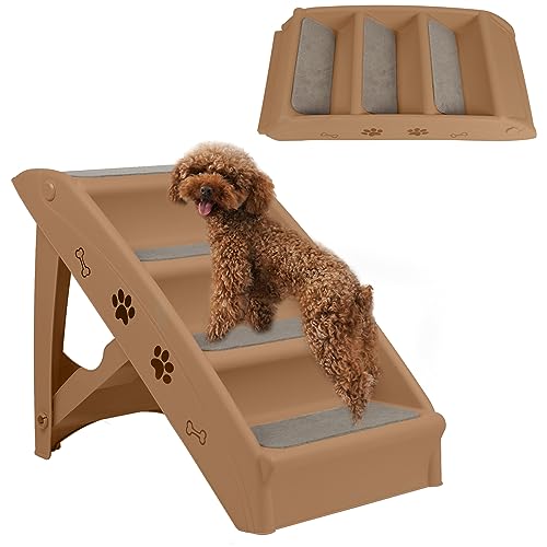 SUBTLETY Hundetreppe Klappbare Haustiertreppe aus Kunststoff mit 4 Rutschfesten Stufen Katzentreppe Treppen für Hunde Katze Tiertreppe für Bett Couch Auto Belastbarkeit bis zu 75kg (Braun) von SUBTLETY