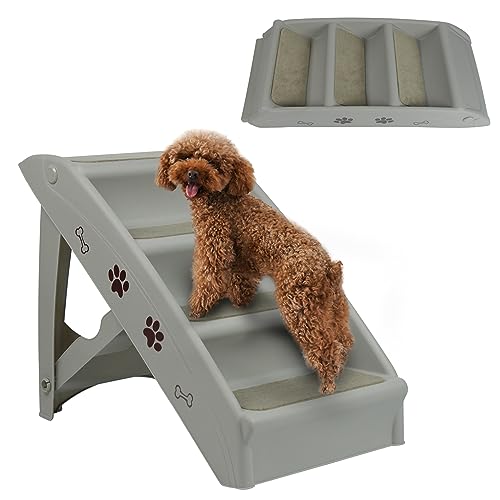 SUBTLETY Hundetreppe Klappbare Haustiertreppe aus Kunststoff mit 4 Rutschfesten Stufen Katzentreppe Treppen für Hunde Katze Tiertreppe für Bett Couch Auto Belastbarkeit bis zu 75kg (Grau) von SUBTLETY