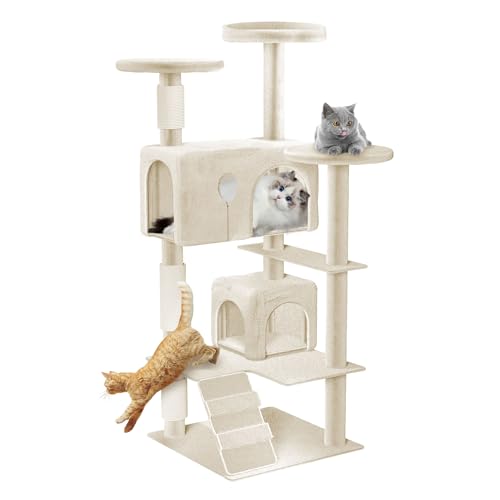 SUBTLETY Kratzbaum Groß 130cm Hoch Aktivitätskratzbäume Katzen Kletterturm mit Sisal-Säulen, Plattformen, Katzenhöhle & Kletterleiter rutschfeste Kletterbaum für Indoor-Katzen (K1254, Beige) von SUBTLETY