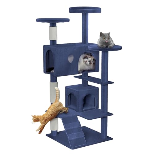 SUBTLETY Kratzbaum Groß 130cm Hoch Aktivitätskratzbäume Katzen Kletterturm mit Sisal-Säulen, Plattformen, Katzenhöhle & Kletterleiter rutschfeste Kletterbaum für Indoor-Katzen (K1254, Blau) von SUBTLETY