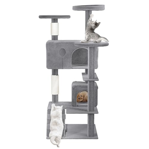 SUBTLETY Kratzbaum Groß 130cm Hoch Aktivitätskratzbäume Katzen Kletterturm mit Sisal-Säulen, Plattformen, Katzenhöhle & Kletterleiter rutschfeste Kletterbaum für Indoor-Katzen (K1254, Grau) von SUBTLETY