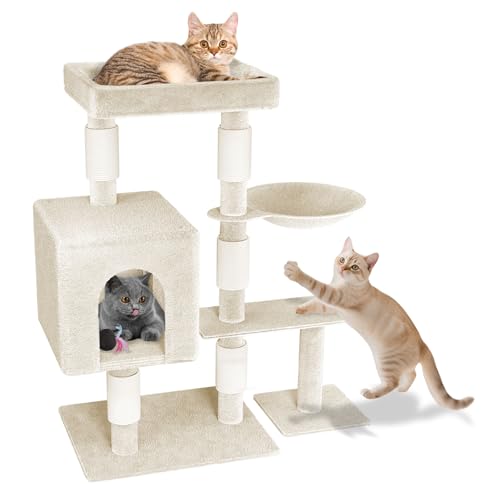 SUBTLETY Kratzbaum Klein 92,5cm Hoch Aktivitätskratzbäume Katzen Kletterturm mit Sisal-Säulen, Plattformen, Katzenhöhle & Hängematte rutschfeste Kletterbaum für Indoor-Katzen (K1276, Beige) von SUBTLETY