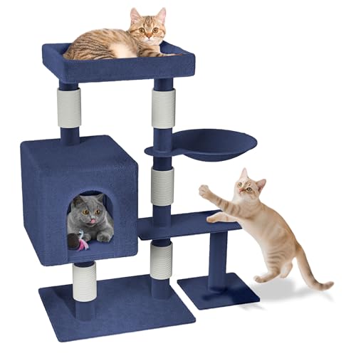 SUBTLETY Kratzbaum Klein 92,5cm Hoch Aktivitätskratzbäume Katzen Kletterturm mit Sisal-Säulen, Plattformen, Katzenhöhle & Hängematte rutschfeste Kletterbaum für Indoor-Katzen (K1276, Blau) von SUBTLETY