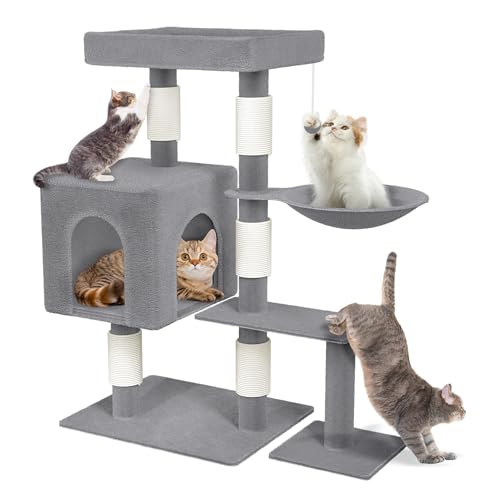 SUBTLETY Kratzbaum Klein 92,5cm Hoch Aktivitätskratzbäume Katzen Kletterturm mit Sisal-Säulen, Plattformen, Katzenhöhle & Hängematte rutschfeste Kletterbaum für Indoor-Katzen (K1276, Grau) von SUBTLETY