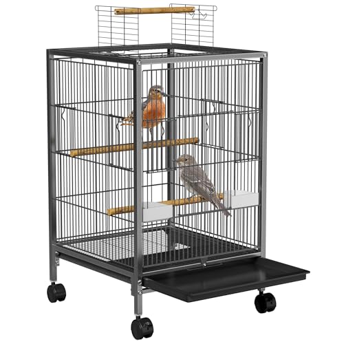 SUBTLETY Metall Vogelkäfige 46x46x91cm Wellensittich Käfig mit Ausruhen Holzstab Nymphensittiche Vogelbauer Tragbare Vogelvoliere mit Dachfenster, Tür, Futtertrog, Herausnehmbares Tablett & Rollen von SUBTLETY