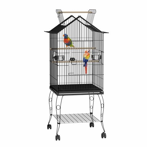 SUBTLETY Metall Vogelkäfige 55x55x145cm Wellensittich Käfig mit Ausruhen Holzstab Nymphensittiche Vogelbauer Tragbare Vogelvoliere mit Dachfenster, Tür, Futtertrog, Herausnehmbares Tablett & Rollen von SUBTLETY