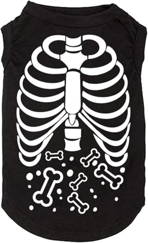 SUEOSU Halloween-Hunde-Shirt für Haustierkleidung, Halloween-Skelett-Kapuzenpullover, leuchtender Totenkopf, niedliches Hemd, atmungsaktiv, dehnbar, Kostüme (schwarz 5, XS) von SUEOSU