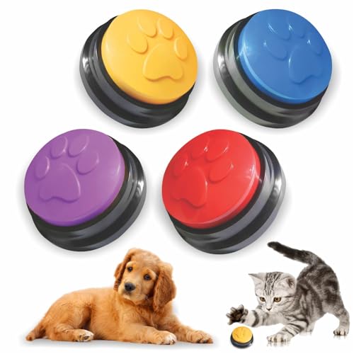 SUHSAI Buzzer mit Aufnahmefunktion für Hunde – 30 Sekunden Sprachknopf, Hunde Buttons zum Sprechen mit Paw Prints – Intelligenzspielzeug für Hunde, Hundetrainingstasten, Pet Buttons - 4er – Pack von SUHSAI