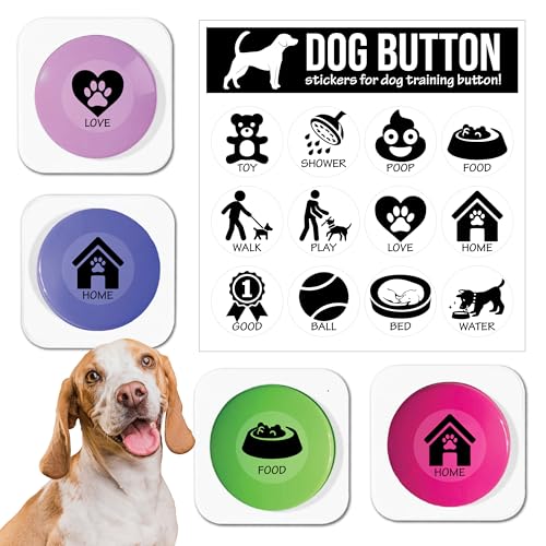 SUHSAI Hunde Buzzer mit Aufnahmefunktion – 30 Sekunden Aufnahme, 12 Sticker für Hundetraining, Hundetasten zum Sprechen, Intelligenzspielzeug für Hunde, Talking Buttons für Kommunikation - 4er-Pack von SUHSAI