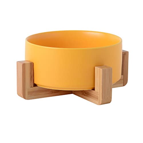 SUICRA Futternäpfe Ceramic Pet Bowl Neck Guard Anti-overturning Food Bowl Large-Capacity Wooden Stand Bowl (Color : Yellow) von SUICRA