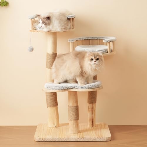 Katzenbaum aus Massivholz, 60 * 48 * 98cm, 3 Plattformen, abnehmbare Kissen und Spielbälle, Sisalpfosten & waschbaren Kratzmatten, Wolkenoptik-Imitation, umweltfreundlich, Katzenklet, Kratzbaum von SUKY