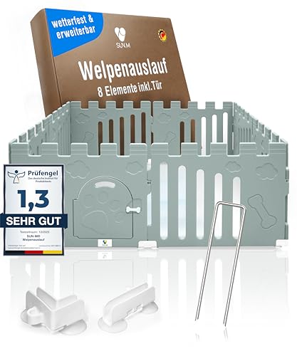 SUN-M Welpenauslauf 60cm hoch Agavengrün I 8-teilig I Welpenzaun für Garten & Wohnung I Wetterfest I Inkl. Saugnäpfe & Erdanker I Flexibler Welpenlaufstall für Hunde I - Welpengehege von SUN-M