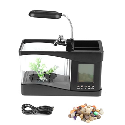 SUNFECILI Kleines Geteiltes Aquarium, Multifunktionales Mini-Aquarium mit LED-Licht und Uhrfunktion (Schwarz) von SUNFECILI