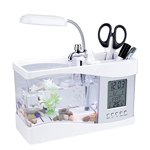 SUNFECILI Kleines Geteiltes Multifunktionales Mini-Aquarium, USB-wiederaufladbar mit LED-Licht und Uhrfunktion (Weiß) von SUNFECILI
