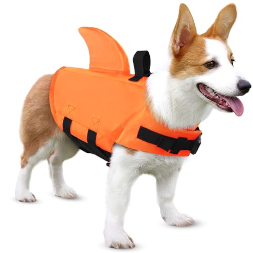 SUNFURA Dog Shark Schwimmweste, Ripstop-Hunde-Schwimmweste, Haustier-Schwimmweste für Pool mit Rettungsgriff und überlegenem Auftrieb, kleine mittelgroße Hunde-Schwimmweste für Schwimmen, Orange, L von SUNFURA