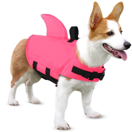 SUNFURA Dog Shark Schwimmweste, Ripstop-Hunde-Schwimmweste, Haustier-Schwimmweste für Pool mit Rettungsgriff & überlegenen Auftrieb, kleine mittelgroße Hunde-Schwimmweste, Bootfahren (Rosa, S) von SUNFURA