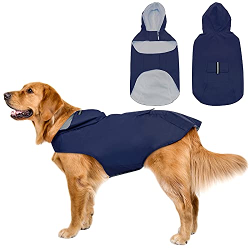 SUNFURA Extra großer Hunde-Regenmantel mit Kapuze Outdoor Hundeponcho Regenbekleidung mit Reflektorstreifen und Tasche, atmungsaktiv Leicht Hund Regenmantel Jacke für Große Hunde, Blau XXXXXL von SUNFURA